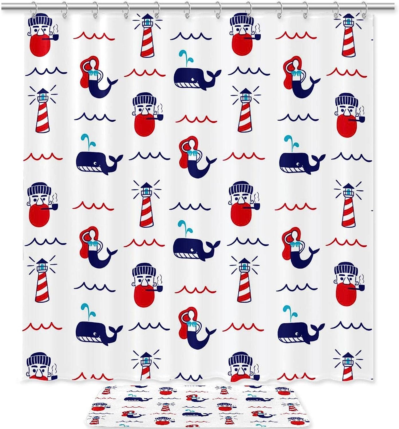 Lighthouse and Whale White Printed Waterproof Fabric Shower Curtain for Ocean Bathroom Decor