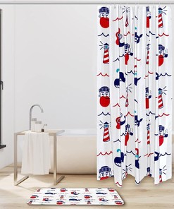 Lighthouse and Whale White Printed Waterproof Fabric Shower Curtain for Ocean Bathroom Decor