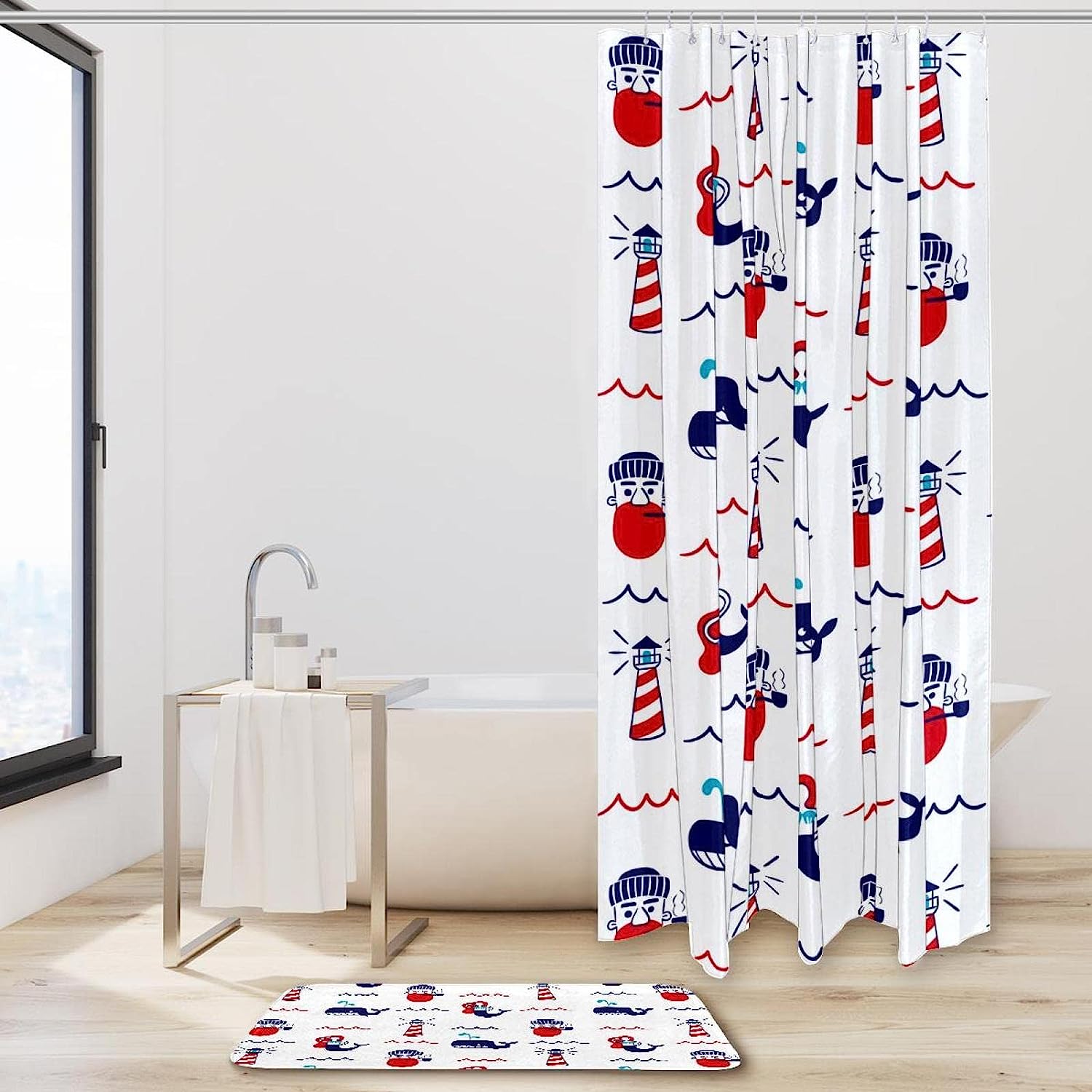 Lighthouse and Whale White Printed Waterproof Fabric Shower Curtain for Ocean Bathroom Decor