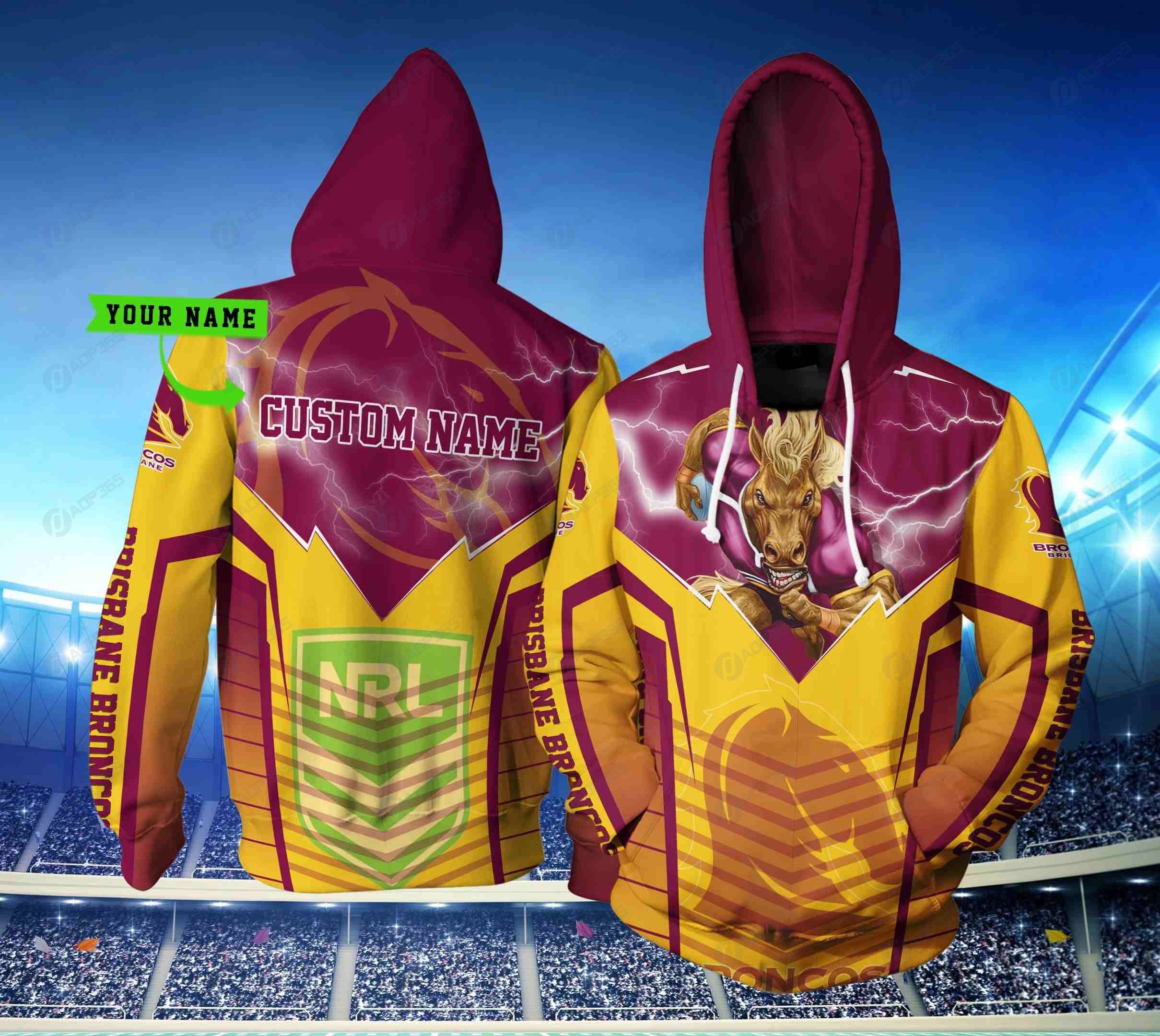 Lightning Mascot Brisbane Broncos Nrl 3D Hoodie With Custom Name Zip-Up Option