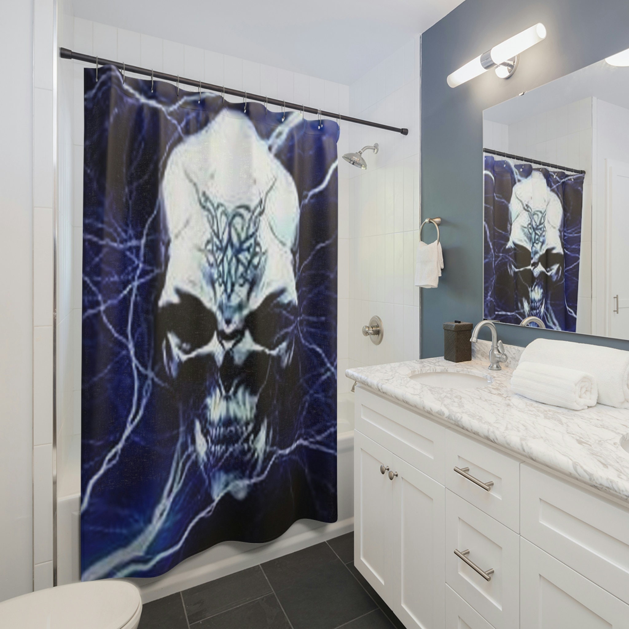 Lightning and Skull Print Shower Curtain for a Bold and Modern Bathroom Design