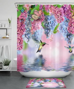 Lilac Flower Butterfly Hummingbird Shower Curtain for Spring Bathroom