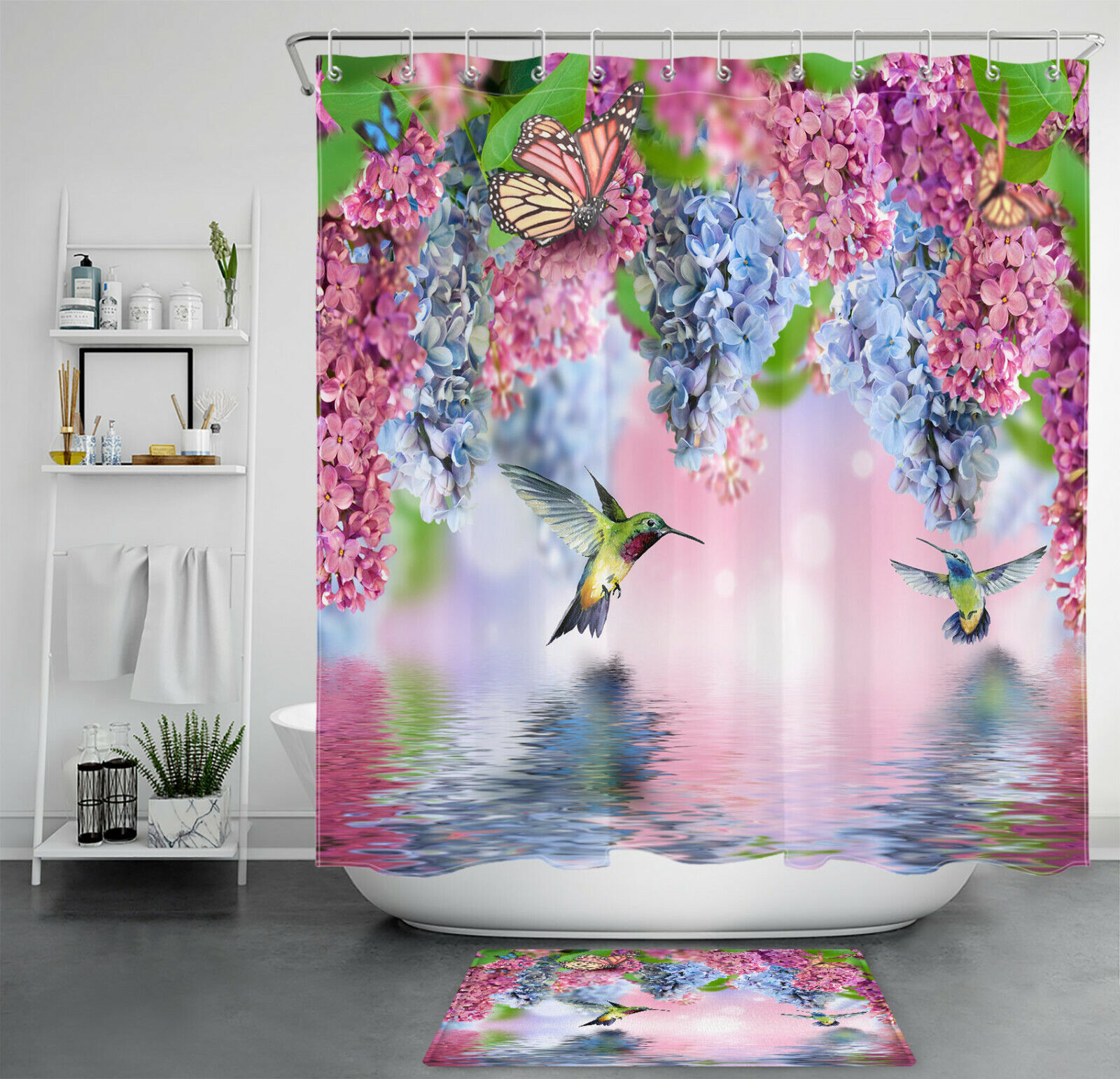 Lilac Flower Butterfly Hummingbird Shower Curtain for Spring Bathroom