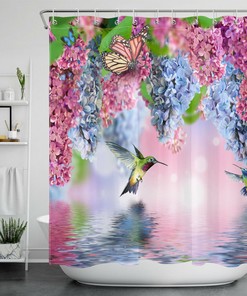 Lilac Flower Butterfly Hummingbird Shower Curtain for Spring Bathroom