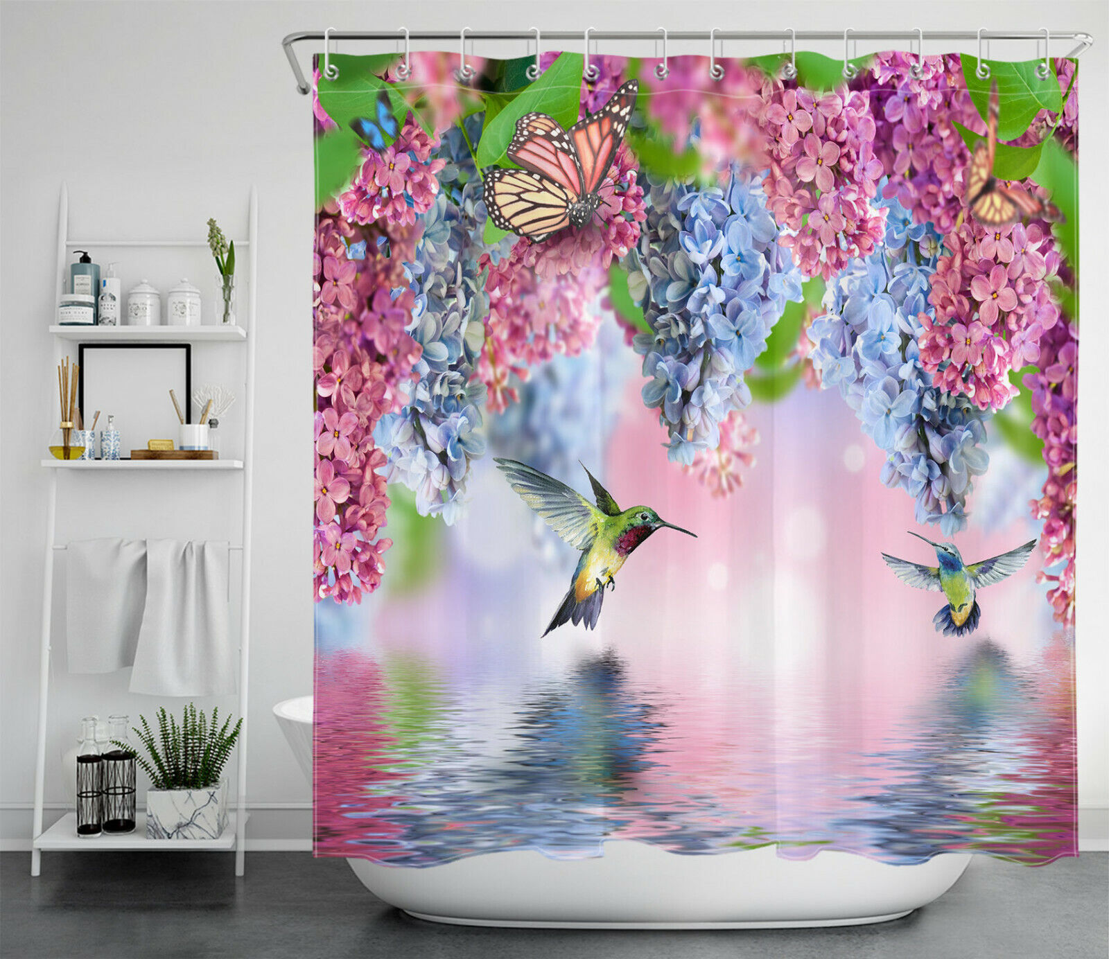 Lilac Flower Butterfly Hummingbird Shower Curtain for Spring Bathroom