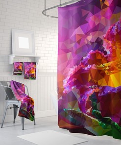 Lilac Yellow Polygon Geometric Abstract Purple Shower Curtain Set for Modern Bathroom Decor