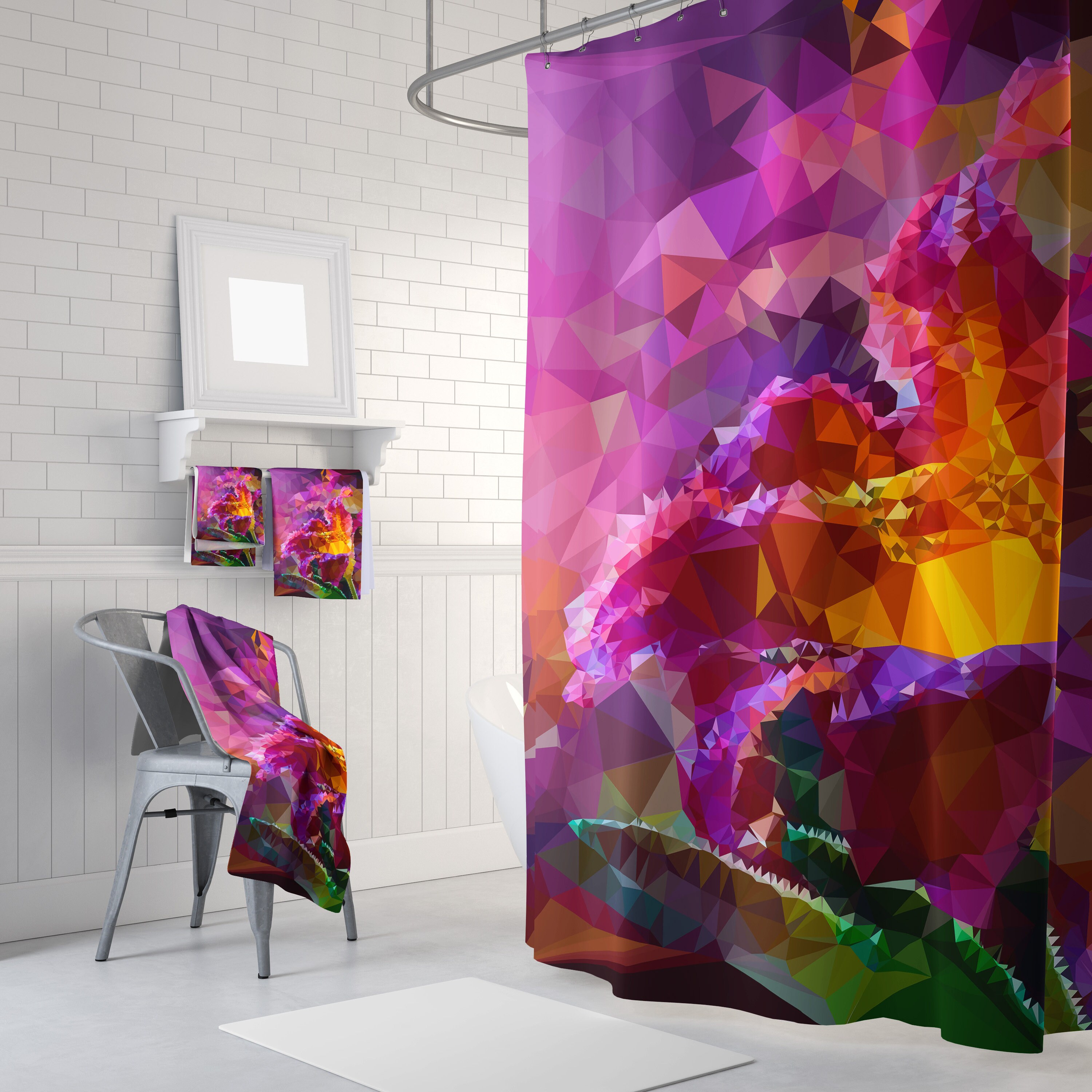 Lilac Yellow Polygon Geometric Abstract Purple Shower Curtain Set for Modern Bathroom Decor