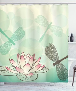 Lily Dragonflies Print Lotus Shower Curtain for Bathroom Decor, Durable Fabric and Water Resistant 