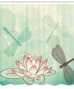Lily Dragonflies Print Lotus Shower Curtain for Bathroom Decor, Durable Fabric and Water Resistant