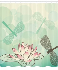 Lily Dragonflies Print Lotus Shower Curtain for Bathroom Decor, Durable Fabric and Water Resistant
