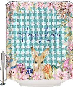 Lily Easter Bunny Shower Curtain - Flower Lattice Waterproof Fabric Bath Curtain For Spring Holiday Bathroom Decor