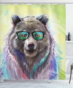Lime Green Cool Animal Portrait Shower Curtain, Funny Low Wild Hipster Bear Spectacles Colorful Themed Print