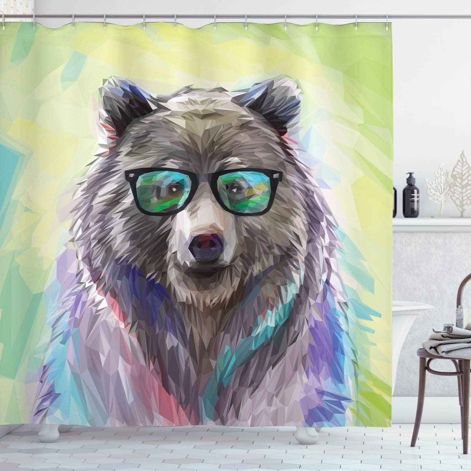 Lime Green Cool Animal Portrait Shower Curtain, Funny Low Wild Hipster Bear Spectacles Colorful Themed Print