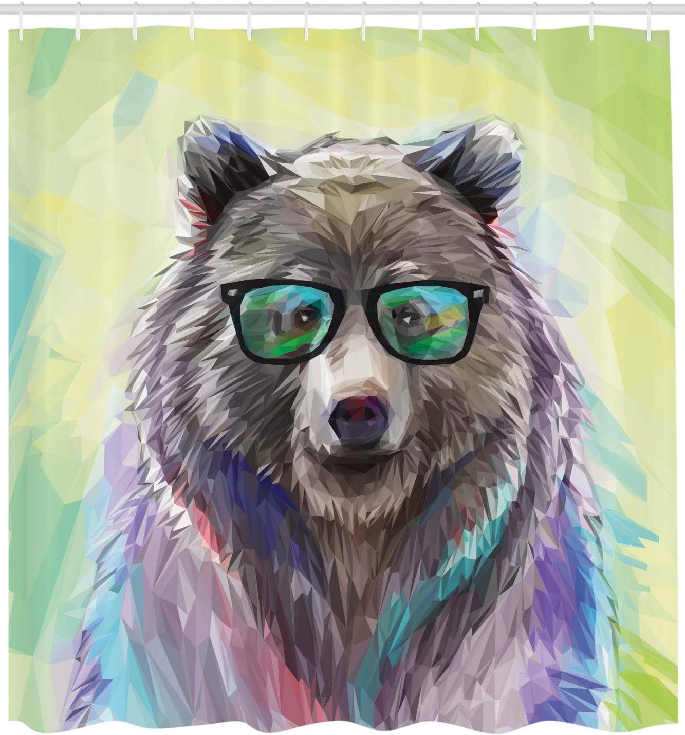 Lime Green Cool Animal Portrait Shower Curtain, Funny Low Wild Hipster Bear Spectacles Colorful Themed Print - Image 2