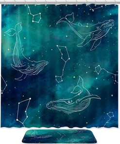 Line Whales Graphic Print Waterproof Bathroom Curtain