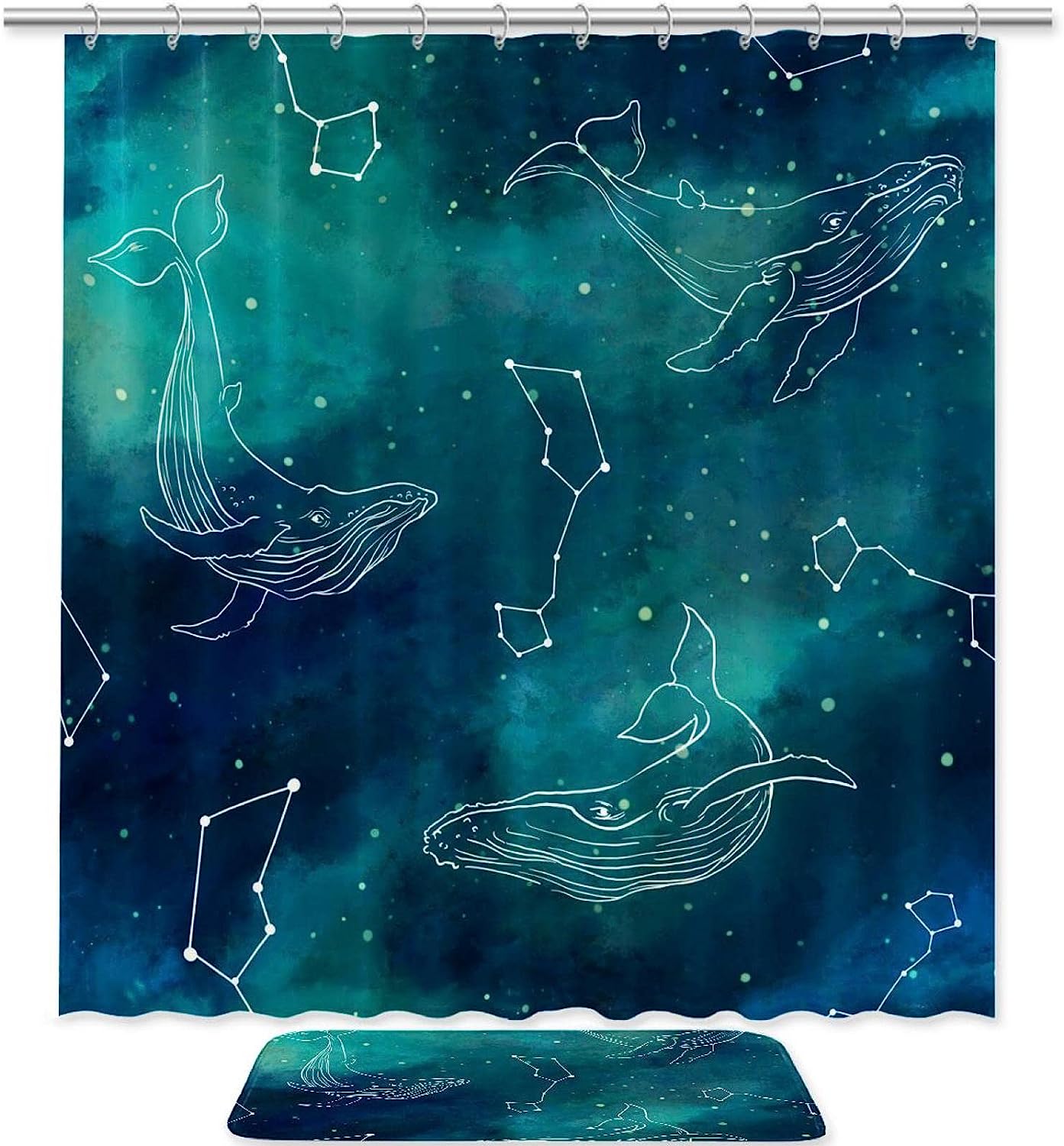 Line Whales Graphic Print Waterproof Bathroom Curtain