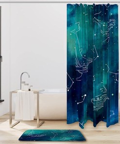 Line Whales Graphic Print Waterproof Bathroom Curtain
