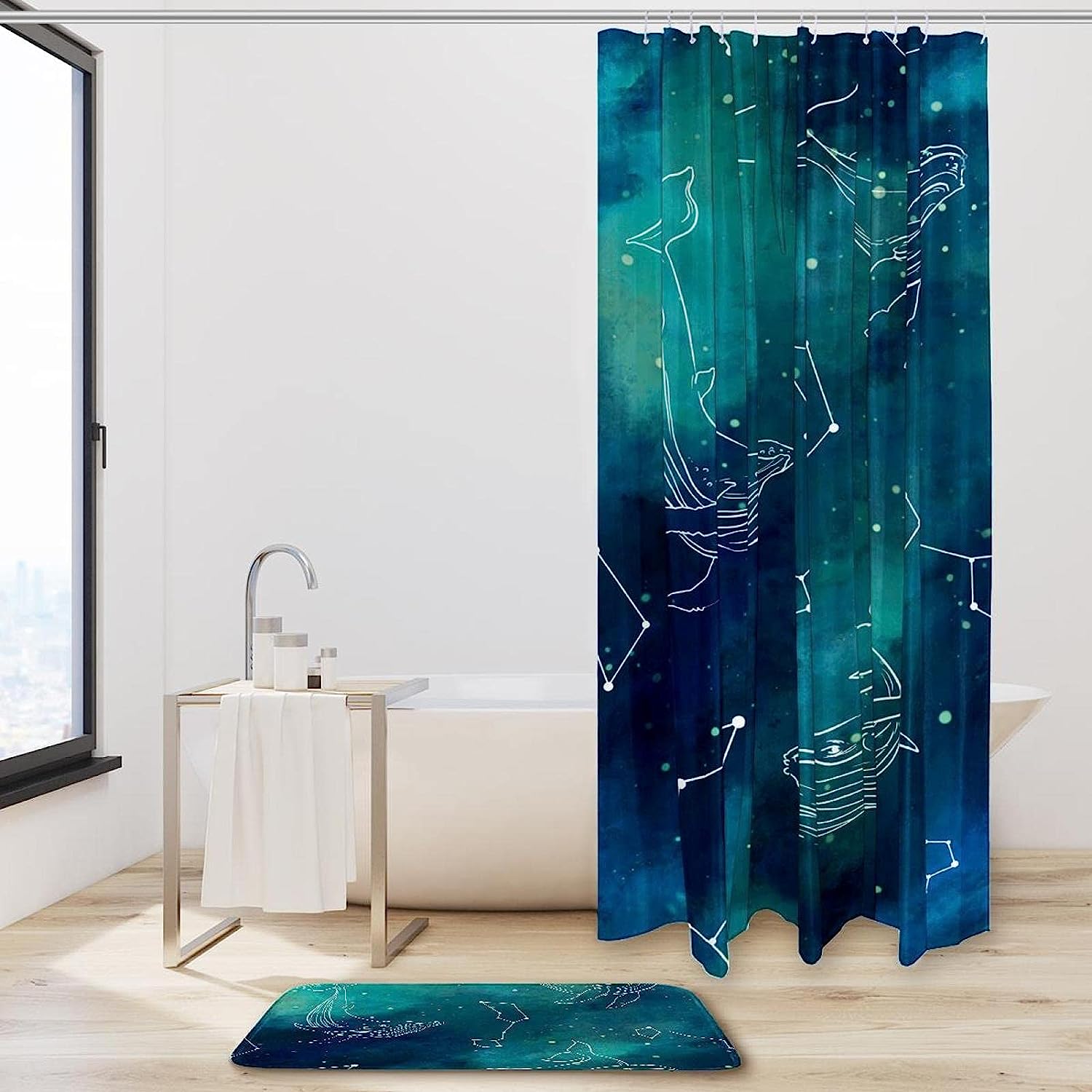 Line Whales Graphic Print Waterproof Bathroom Curtain