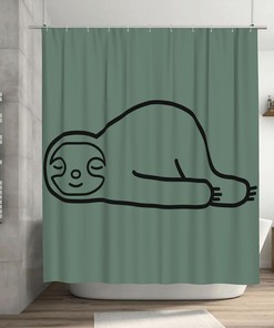 Linear Sloth Shower Curtain Green Background, Closed Eyes Bathtub Fabric Waterproof Curtain 