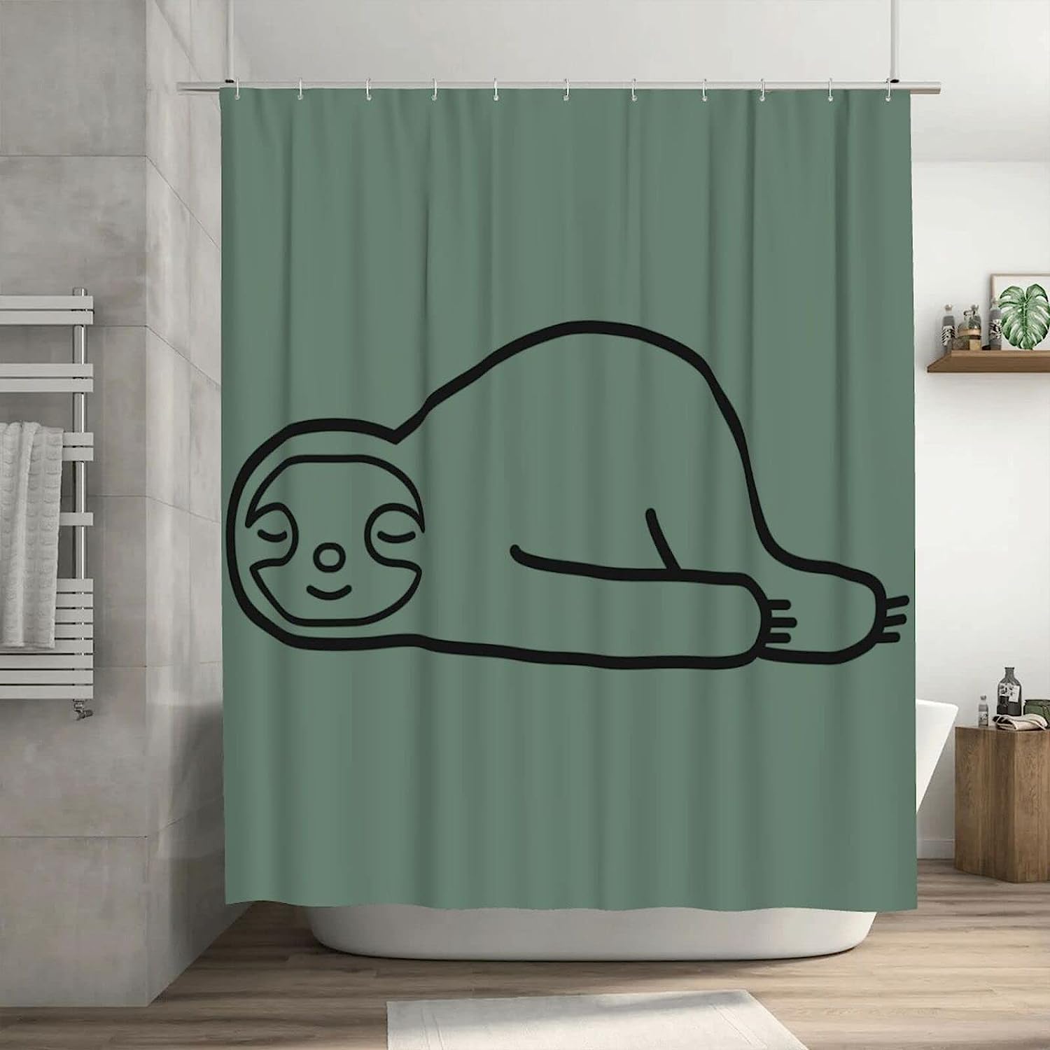 Linear Sloth Shower Curtain Green Background, Closed Eyes Bathtub Fabric Waterproof Curtain