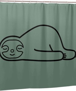 Linear Sloth Shower Curtain Green Background, Closed Eyes Bathtub Fabric Waterproof Curtain