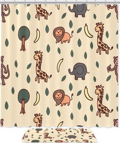 Lion And Giraffe Pattern Shower Curtain Mat With Wildlife Theme For Bathroom Decor