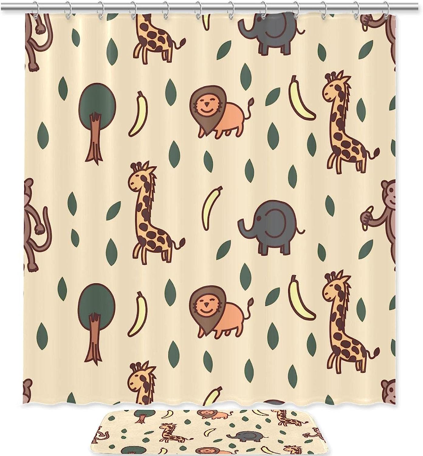Lion And Giraffe Pattern Shower Curtain Mat With Wildlife Theme For Bathroom Decor