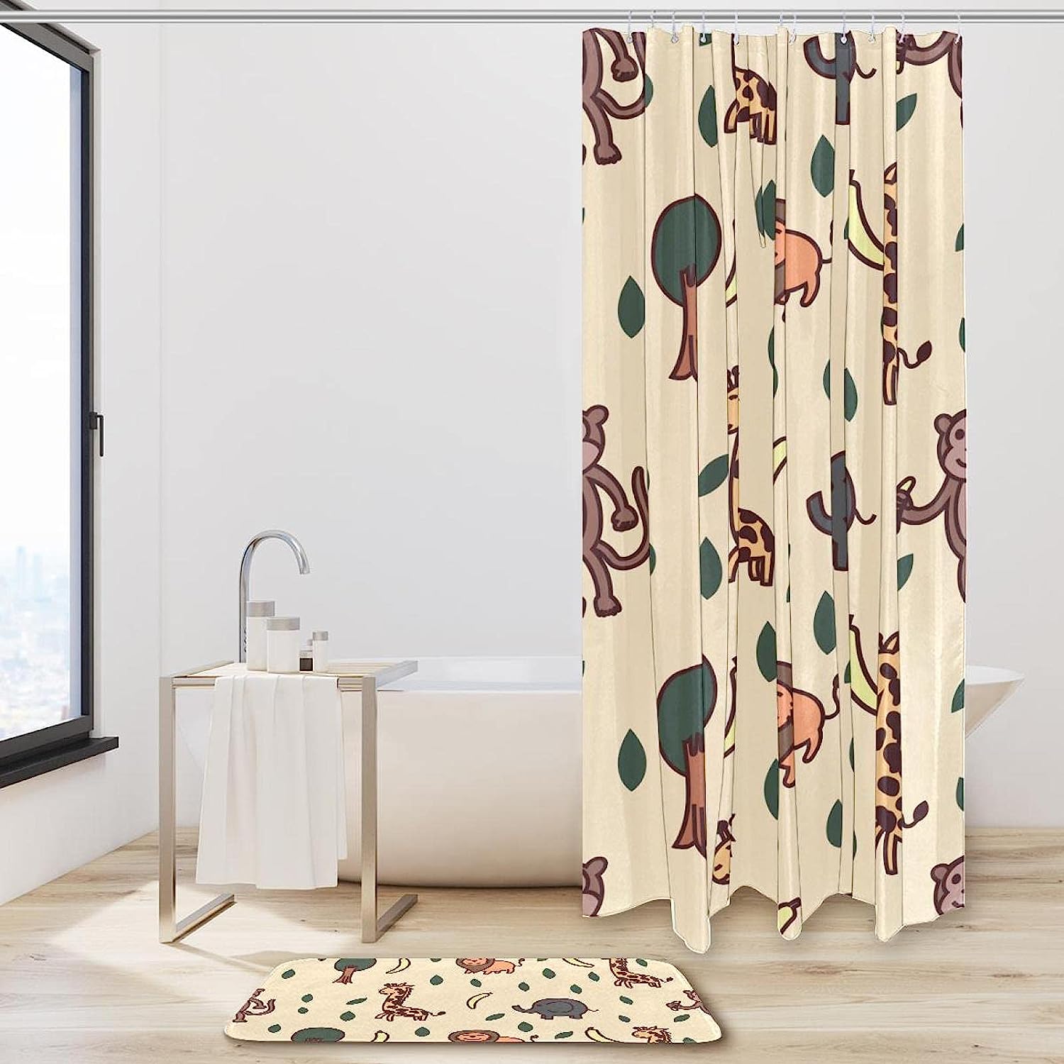 Lion And Giraffe Pattern Shower Curtain Mat With Wildlife Theme For Bathroom Decor - Image 2