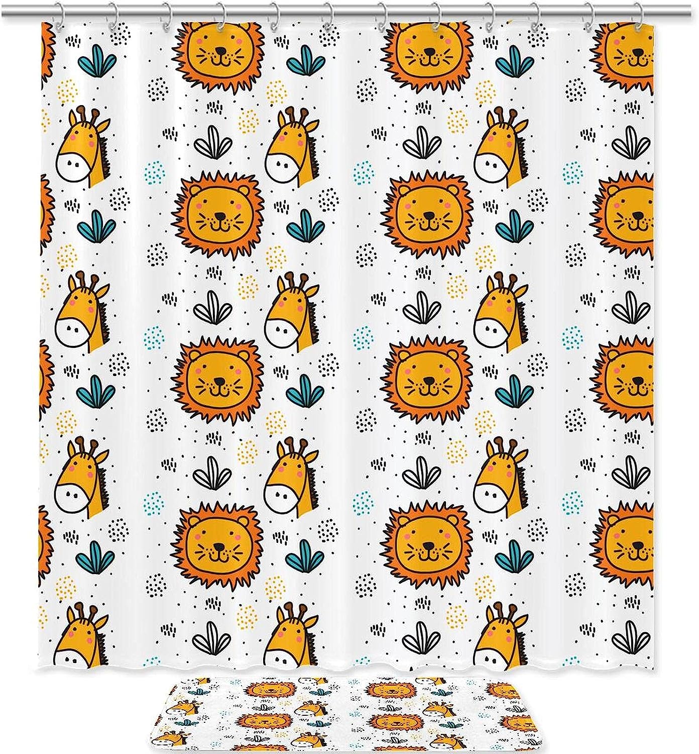 Lion And Giraffe Vintage Bathroom Shower Curtain With Microfiber Accents, Machine Washable