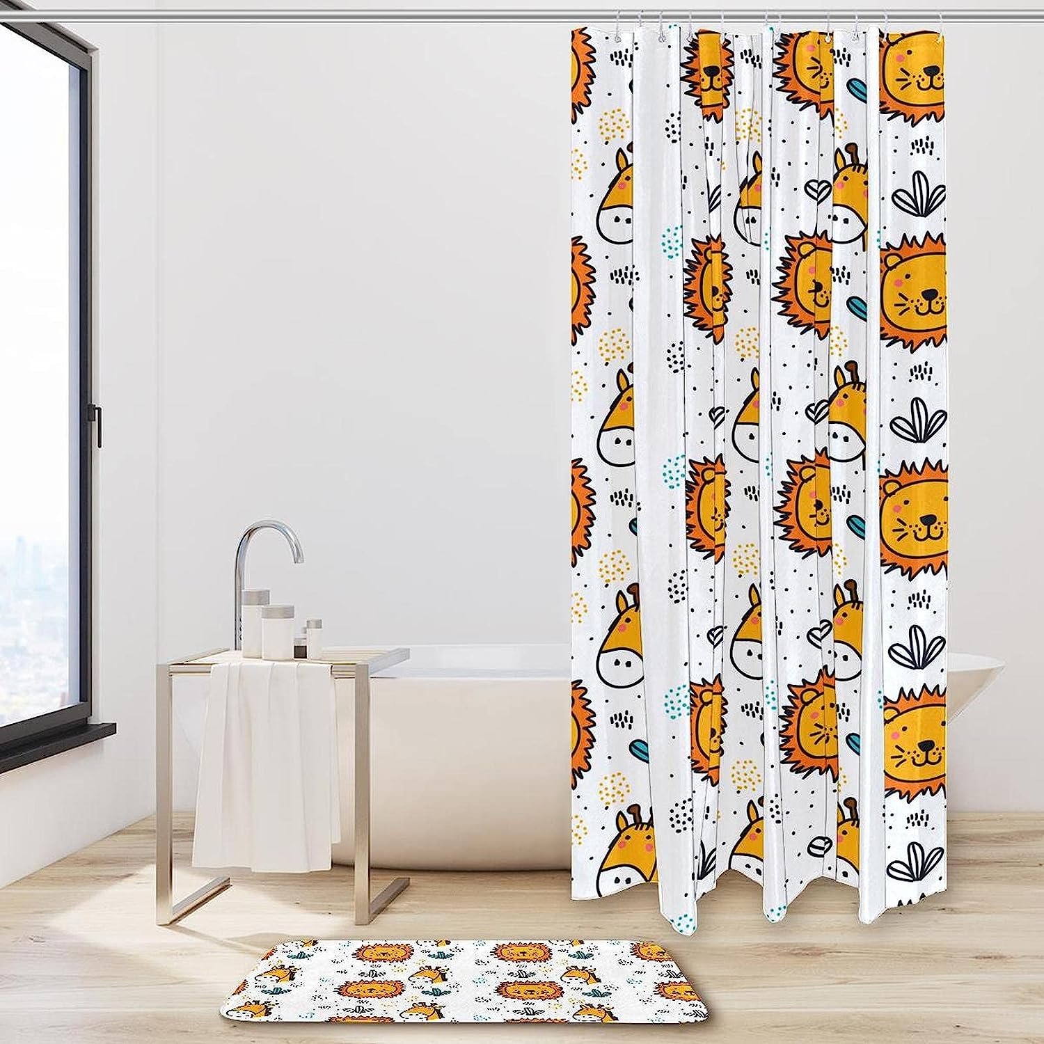 Lion And Giraffe Vintage Bathroom Shower Curtain With Microfiber Accents, Machine Washable - Image 2