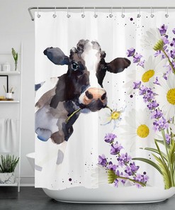 Little Daisy Purple Flowers Waterproof Shower Curtain - Farm Animal Cow