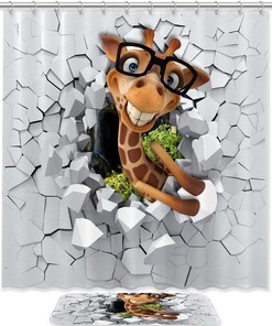 Little Giraffe Peeping from A Broken Wall Shower Curtain