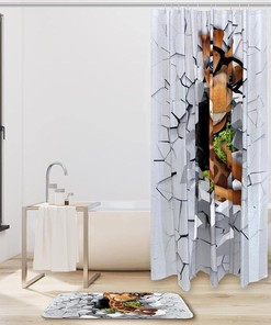 Little Giraffe Peeping from A Broken Wall Shower Curtain