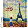 Little Girl Holding an Umbrella and Eiffel Tower Print Shower Curtain for Bathroom Decor