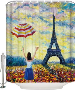 Little Girl Holding an Umbrella and Eiffel Tower Print Shower Curtain for Bathroom Decor