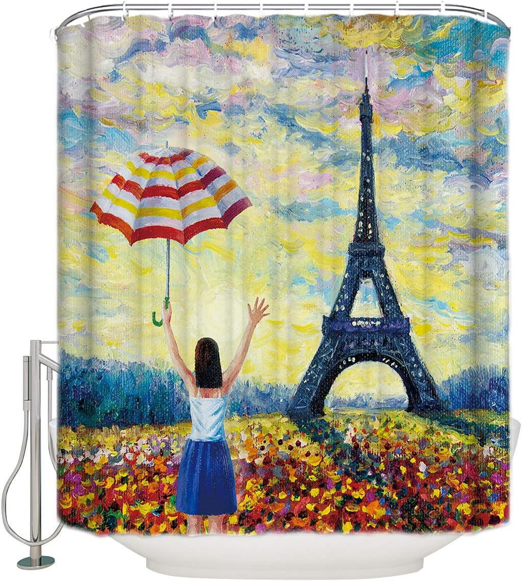 Little Girl Holding an Umbrella and Eiffel Tower Print Shower Curtain for Bathroom Decor