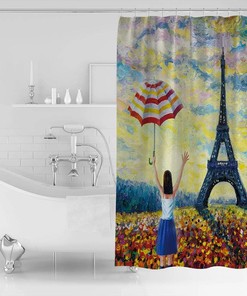 Little Girl Holding an Umbrella and Eiffel Tower Print Shower Curtain for Bathroom Decor