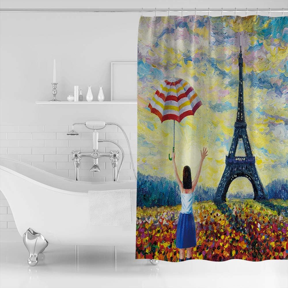 Little Girl Holding an Umbrella and Eiffel Tower Print Shower Curtain for Bathroom Decor