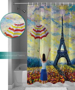 Little Girl Holding an Umbrella and Eiffel Tower Print Shower Curtain for Bathroom Decor