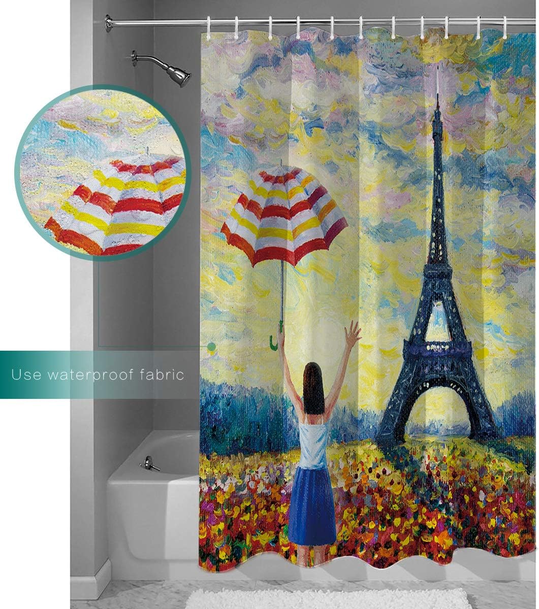 Little Girl Holding an Umbrella and Eiffel Tower Print Shower Curtain for Bathroom Decor