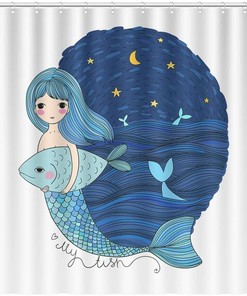Little Mermaid Ocean Shower Curtain, Beautiful Animal Sea Waves Fabric With Starry Sky Moon