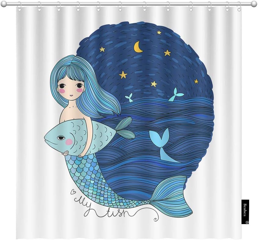 Little Mermaid Ocean Shower Curtain, Beautiful Animal Sea Waves Fabric With Starry Sky Moon