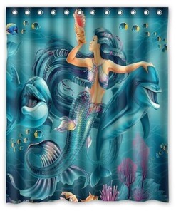 Little Mermaid and Dolphin Waterproof Shower Curtain for Kids Bathroom 