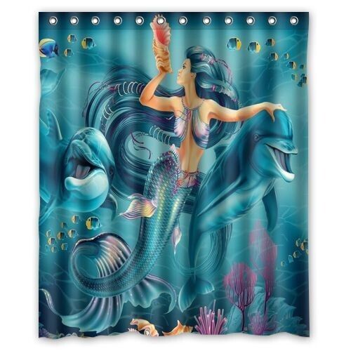 Little Mermaid and Dolphin Waterproof Shower Curtain for Kids Bathroom