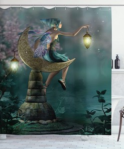 Little Pixie Elf Forest Woodland Shower Curtain, Myth Illustration Cloth Fabric Bathroom Decors