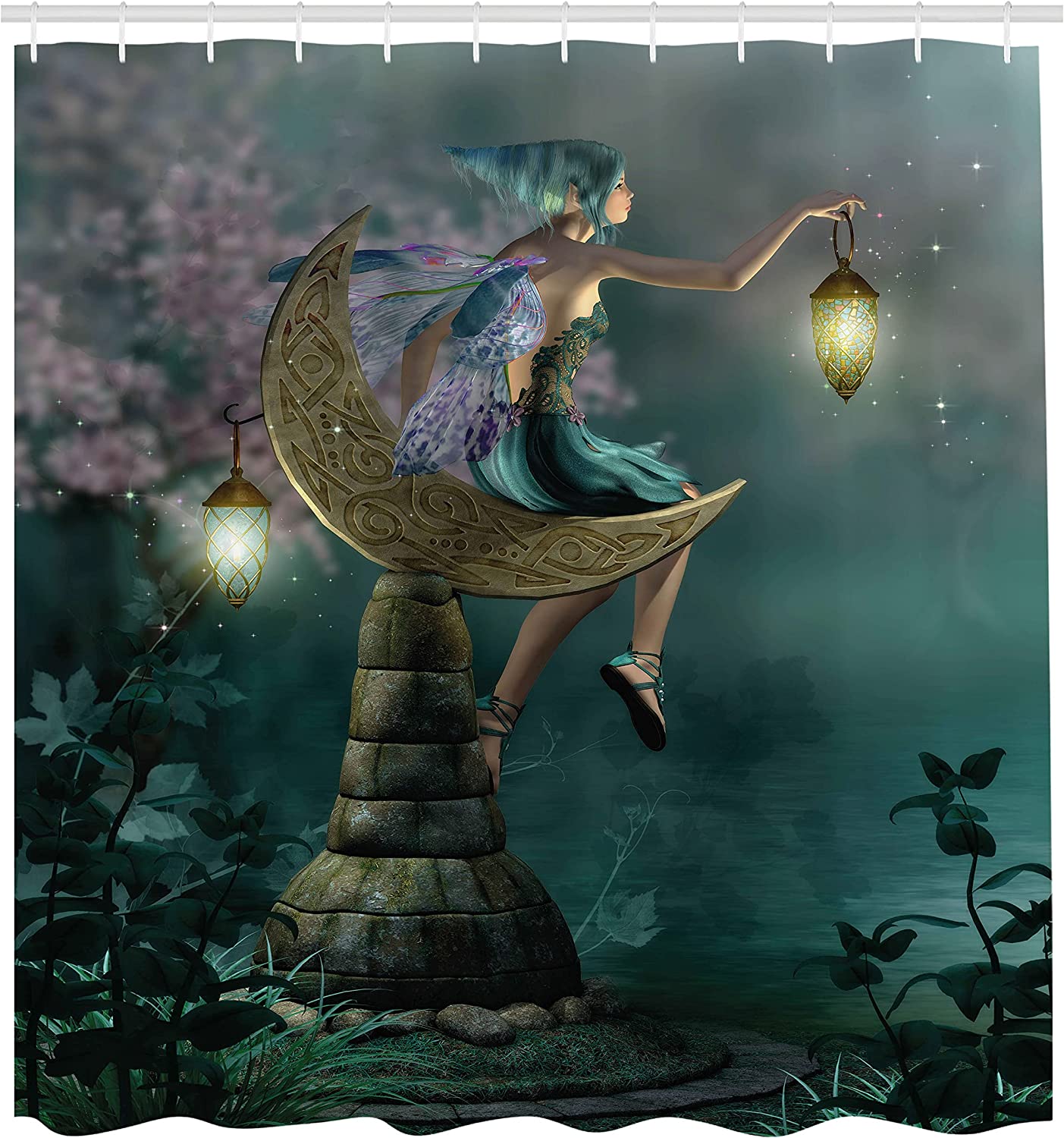 Little Pixie Elf Forest Woodland Shower Curtain, Myth Illustration Cloth Fabric Bathroom Decors - Image 2