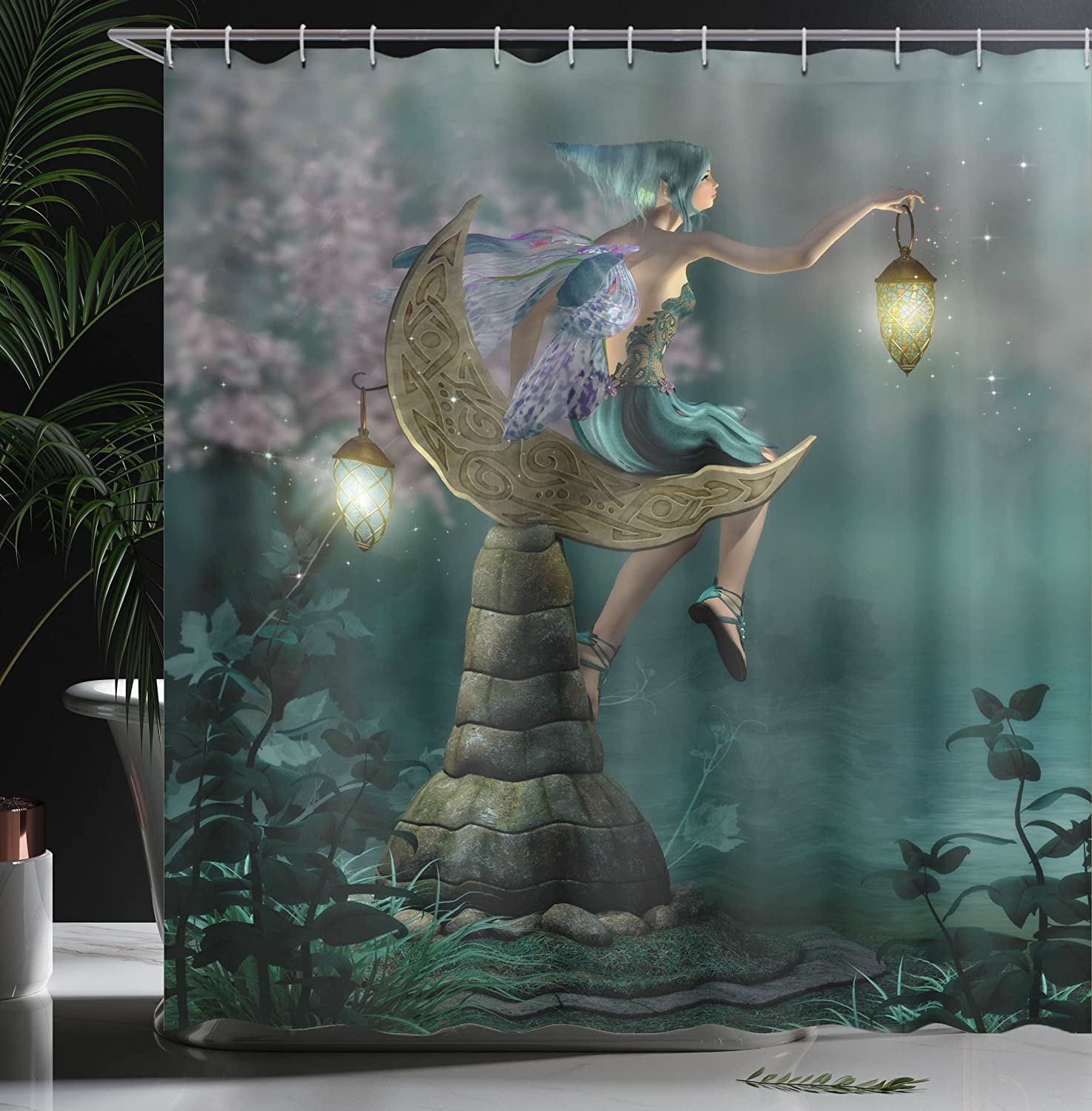 Little Pixie Elf Forest Woodland Shower Curtain, Myth Illustration Cloth Fabric Bathroom Decors - Image 3