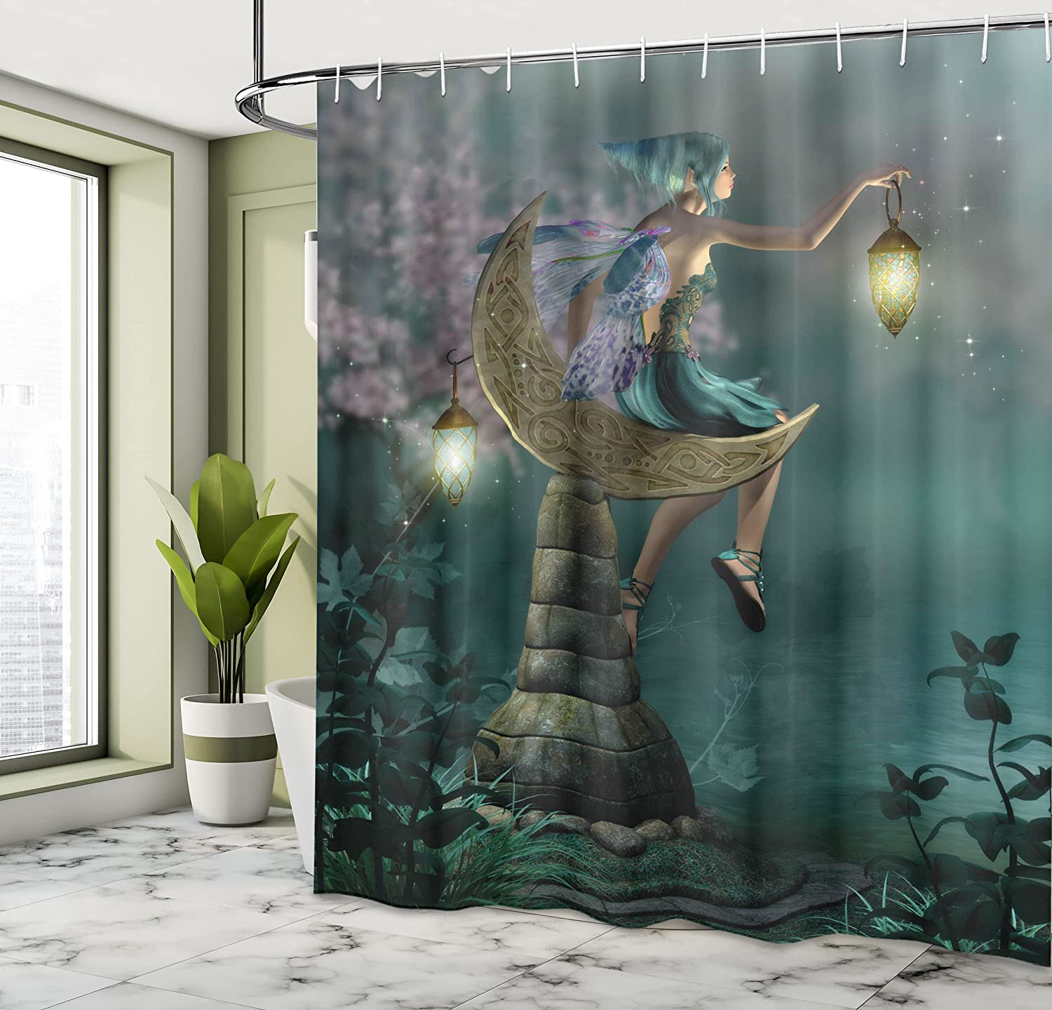 Little Pixie Elf Forest Woodland Shower Curtain, Myth Illustration Cloth Fabric Bathroom Decors - Image 4