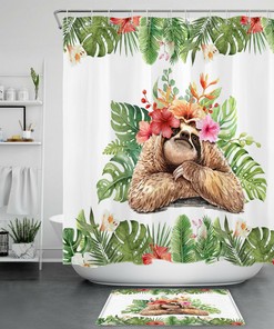 Lively and Playful Monstera Flower Sloth Palm Leaf Shower Curtain for Bathroom Decor