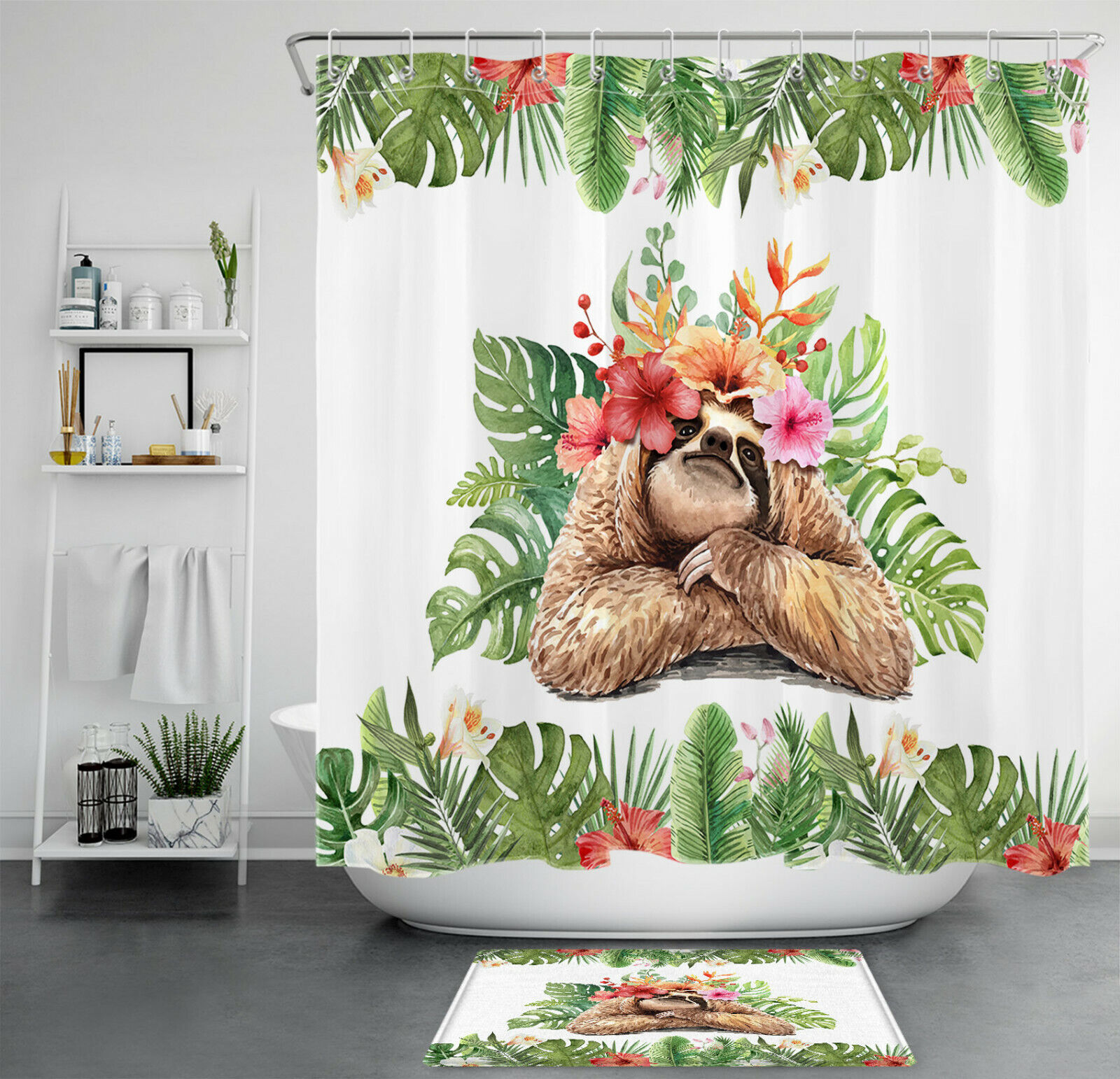 Lively and Playful Monstera Flower Sloth Palm Leaf Shower Curtain for Bathroom Decor